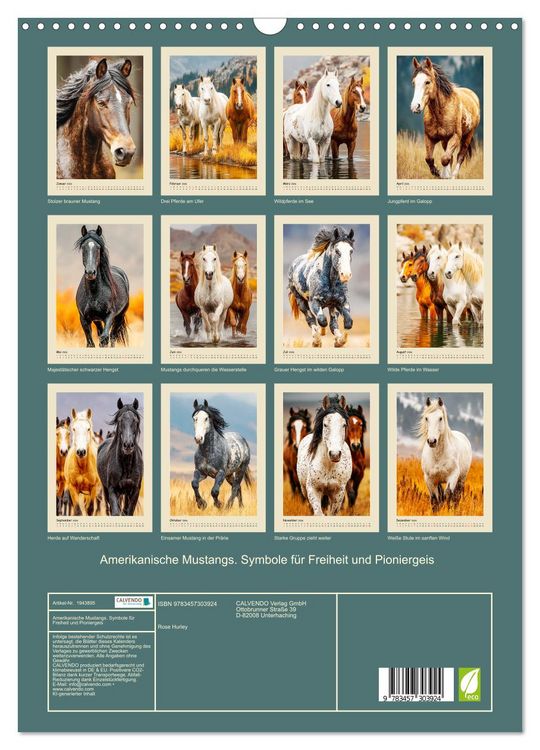 Produktbild: Amerikanische Mustangs. Symbole f&uuml;r Freiheit und Pioniergeis (Wandkalender 2026 DIN A3 hoch), CALVENDO Monatskalender