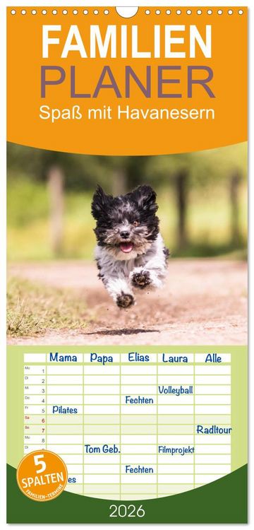 Produktbild: Familienplaner 2026 - Spa&szlig; mit Havanesern mit 5 Spalten (Wandkalender, 21 x 45 cm) CALVENDO