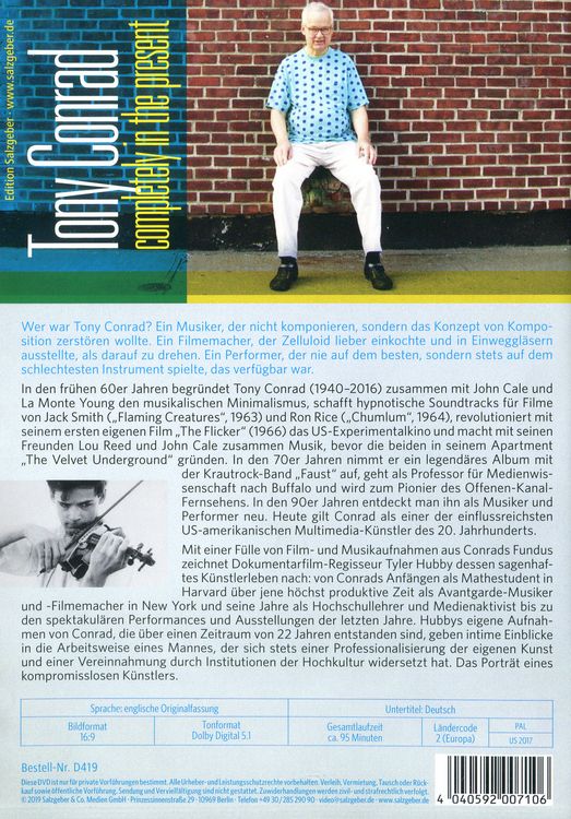 Produktbild: TONY CONRAD: COMPLETELY IN THE PRESENT