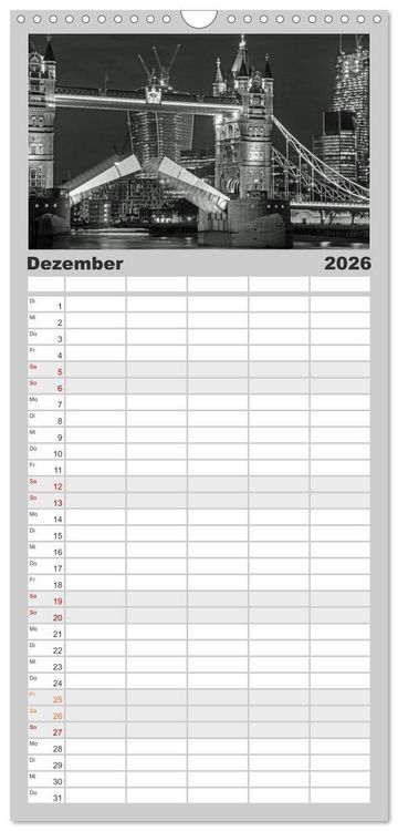 Produktbild: Familienplaner 2026 - London in Schwarz-Wei&szlig; mit 5 Spalten (Wandkalender, 21 x 45 cm) CALVENDO