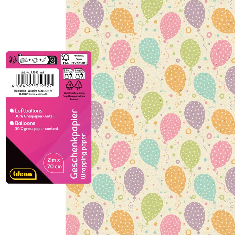 Produktbild: Idena Geschenkpapier Luftballons 70cmx2m Gras/Recycling