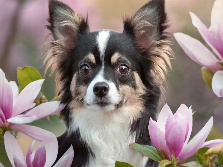 Produktbild: CALVENDO Puzzle Portrait eines schwarz-wei&szlig;en Chihuahua der durch Magnolien schaut | 1000 Teile Lege-Gr&ouml;&szlig;e 64x48cm Foto-Puzzle f&uuml;r gl&uuml;ckliche Stunden