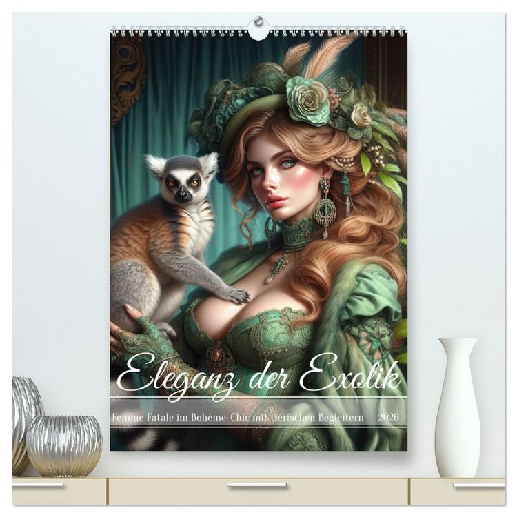 Produktbild: Eleganz der Exotik - Femme Fatale im Boh&egrave;me-Chic mit tierischen Begleitern (hochwertiger Premium Wandkalender 2026 DIN A2 hoch), Kunstdruck in Hochglanz