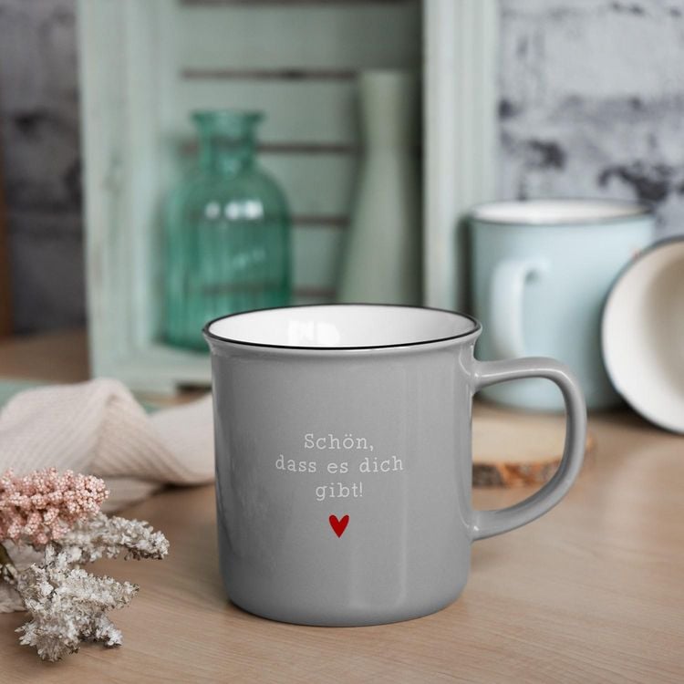 XL-Becher in Emailleoptik mit Motivdruck 