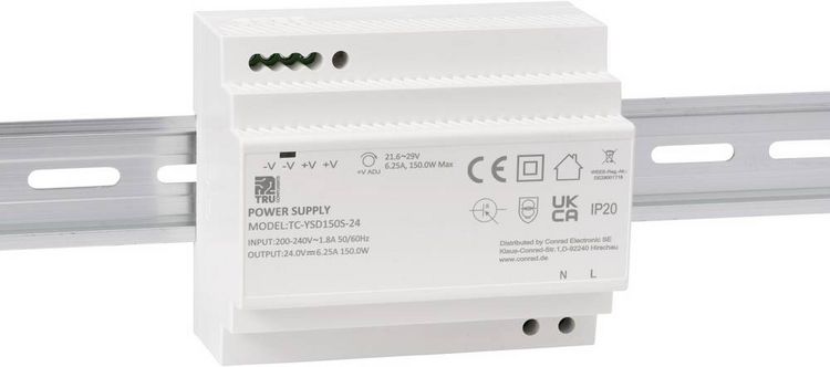 Produktbild: TRU COMPONENTS TC-13710896 Hutschienen-Netzteil (DIN-Rail) Verbrauch (StandBy) 0.3 W 24 V/DC 6.25 A 150 W Anzahl Ausg&auml;nge:1 x Inhalt 1 St.