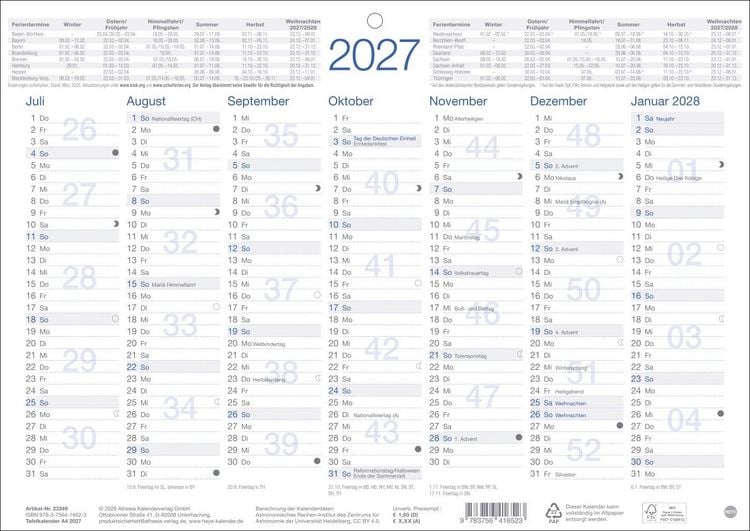 Produktbild: Tafelkalender A4 2027