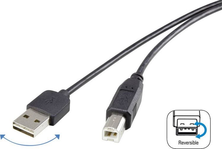 Produktbild: Renkforce USB-Kabel USB 2.0 USB-A Stecker, USB-B Stecker 1.80 m Schwarz beidseitig verwendbarer Stecker, vergoldete Steckkontakte RF-4078644