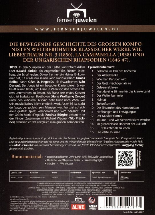 Produktbild: Franz Liszt - Die komplette ARD-Historienserie in 16 Teilen (Fernsehjuwelen) [2 DVDs]