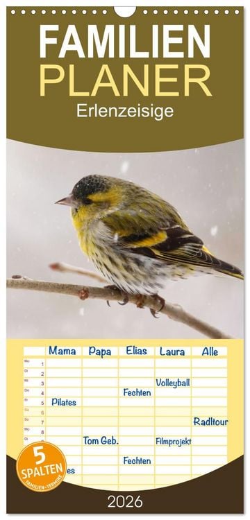 Produktbild: Familienplaner 2026 - Erlenzeisige mit 5 Spalten (Wandkalender, 21 x 45 cm) CALVENDO