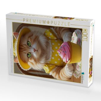 Produktbild: CALVENDO Puzzle S&uuml;&szlig;e Katze mit Cupcake im Vintage-Kleid - lustiges Katzenbild f&uuml;r die K&uuml;che | 1000 Teile Lege-Gr&ouml;&szlig;e 64x48cm Foto-Puzzle f&uuml;r gl&uuml;ckliche