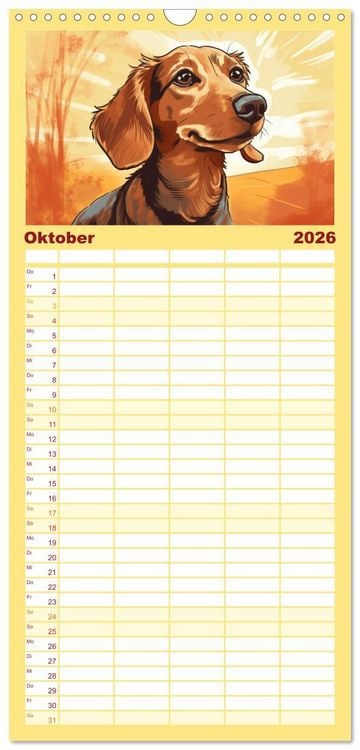 Produktbild: Familienplaner 2026 - Dackel mit 5 Spalten (Wandkalender, 21 x 45 cm) CALVENDO