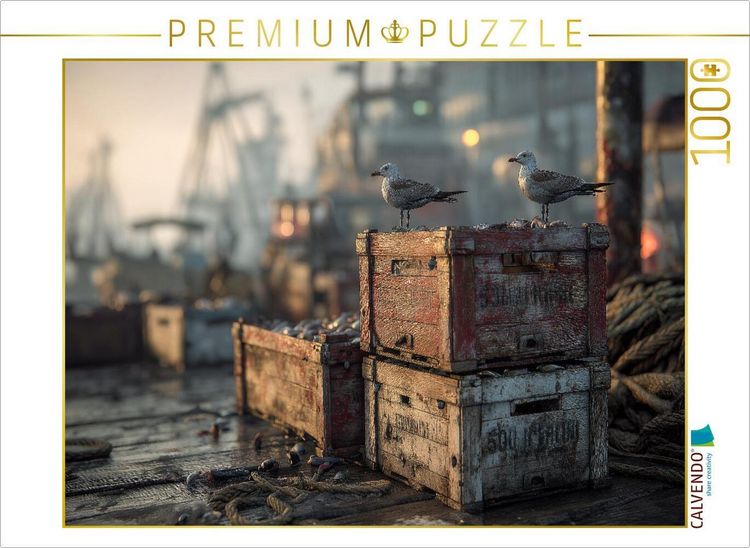 Produktbild: CALVENDO Puzzle M&ouml;wen auf Fischkisten - Hafenstimmung in der Morgend&auml;mmerung | 1000 Teile Lege-Gr&ouml;&szlig;e 64x48cm Foto-Puzzle f&uuml;r gl&uuml;ckliche Stunden