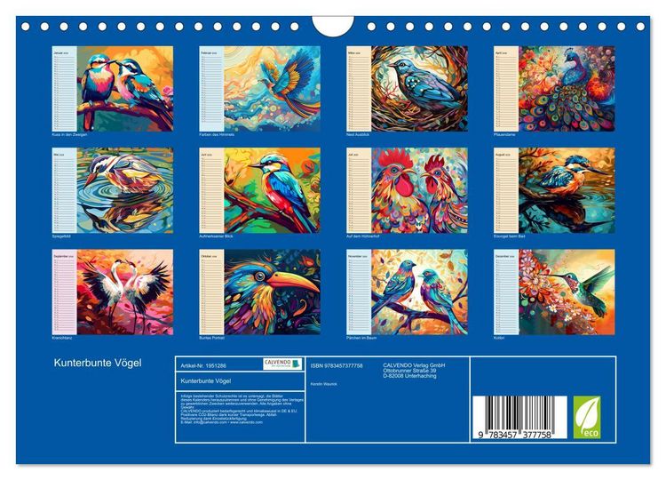 Produktbild: Kunterbunte V&ouml;gel (Wandkalender 2026 DIN A4 quer), CALVENDO Monatskalender