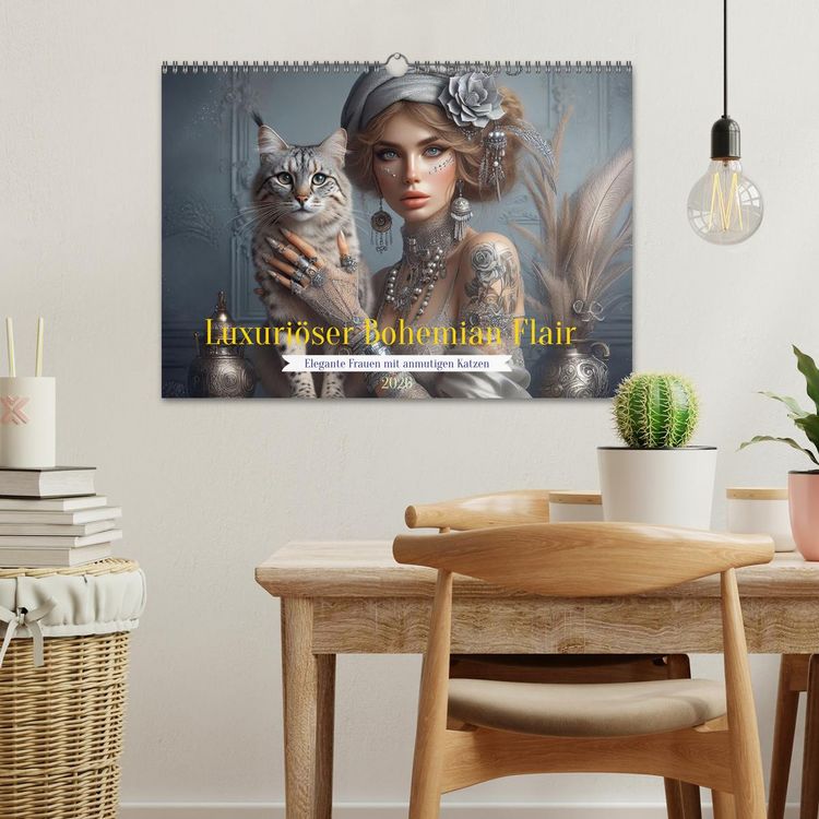 Produktbild: Luxuri&ouml;ser Bohemian Flair - Elegante Frauen mit anmutigen Katzen (Wandkalender 2026 DIN A3 quer), CALVENDO Monatskalender