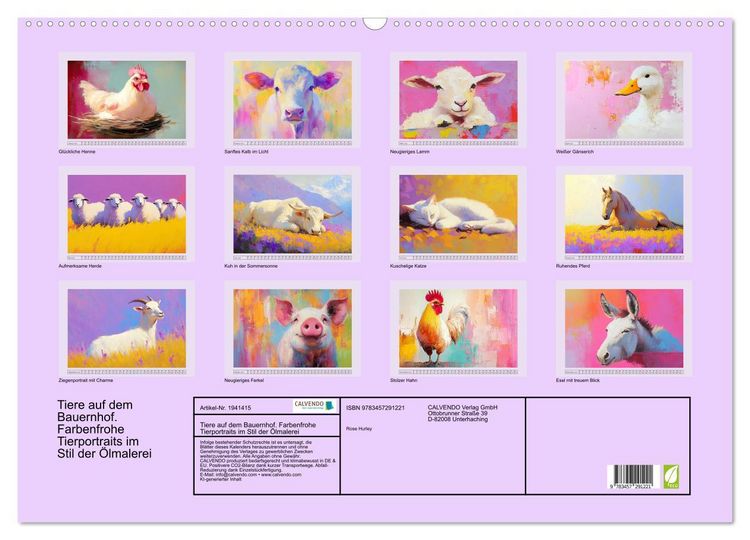 Produktbild: Tiere auf dem Bauernhof. Farbenfrohe Tierportraits im Stil der &Ouml;lmalerei (Wandkalender 2026 DIN A2 quer), CALVENDO Monatskalender