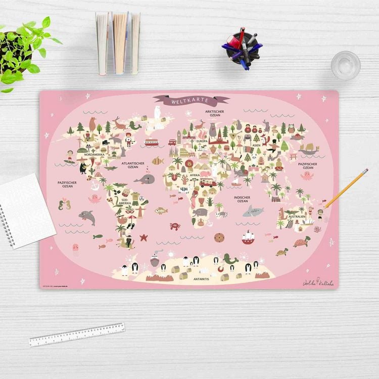 Produktbild: Cover-your-desk Schreibtischunterlage f&uuml;r Kinder Weltkarte in rosa mit Tieren in deutsch, aus hochwertigem Vinyl , 60 x 40 cm