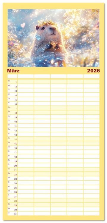 Produktbild: Familienplaner 2026 - Capybara Zeit mit 5 Spalten (Wandkalender, 21 x 45 cm) CALVENDO