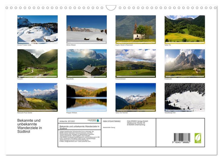 Produktbild: Bekannte und unbekannte Wanderziele in S&uuml;dtirol (Wandkalender 2026 DIN A3 quer), CALVENDO Monatskalender