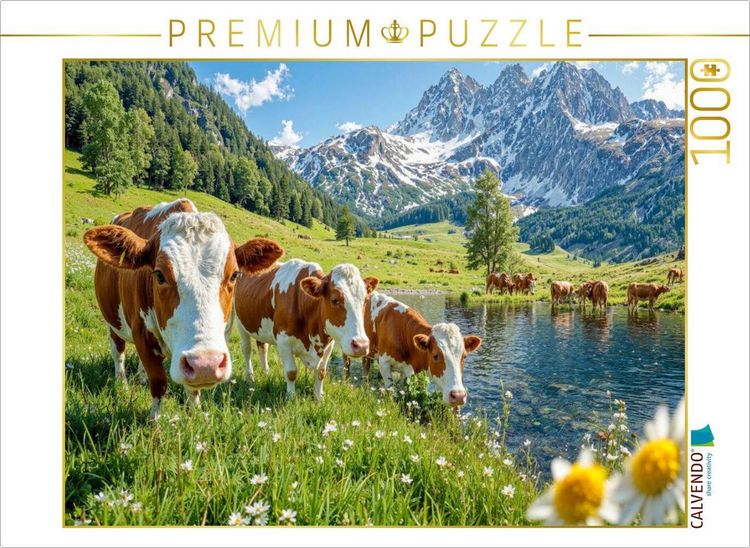 Produktbild: CALVENDO Puzzle Drei K&uuml;he grasen friedlich auf der Alm - Idylle zwischen Bachlauf und Bergluft | 1000 Teile Lege-Gr&ouml;&szlig;e 64x48cm Foto-Puzzle f&uuml;r gl&uuml;ckli