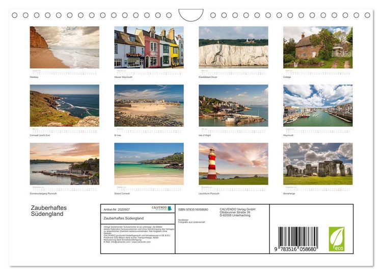 Produktbild: Zauberhaftes S&uuml;dengland (Wandkalender 2026 DIN A4 quer), CALVENDO Monatskalender