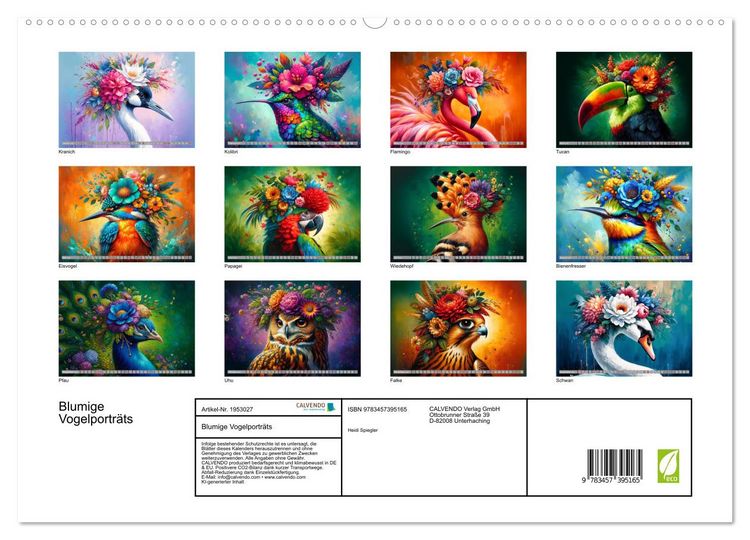 Produktbild: Blumige Vogelportr&auml;ts (hochwertiger Premium Wandkalender 2026 DIN A2 quer), Kunstdruck in Hochglanz