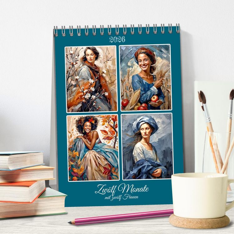 Produktbild: Zw&ouml;lf Monate mit zw&ouml;lf Frauen (Tischkalender 2026 DIN A5 hoch), CALVENDO Monatskalender