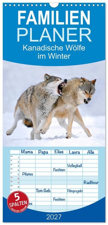 Produktbild: Familienplaner 2027 - Kanadische W&ouml;lfe im Winter mit 5 Spalten (Wandkalender, 21 x 45 cm) CALVENDO
