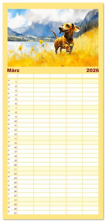 Produktbild: Familienplaner 2026 - Dackelzauber. Charmante Begleiter im lieblichen Aquarell-Stil mit 5 Spalten (Wandkalender, 21 x 45 cm) CALVENDO