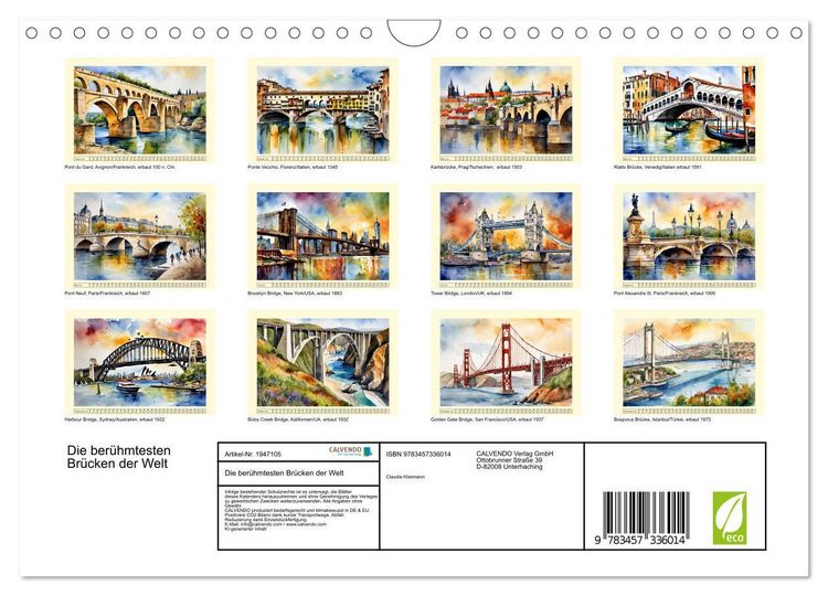 Produktbild: Die ber&uuml;hmtesten Br&uuml;cken der Welt (Wandkalender 2026 DIN A4 quer), CALVENDO Monatskalender