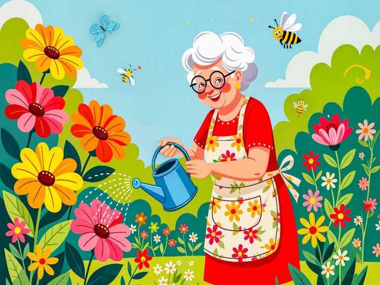 Produktbild: CALVENDO Puzzle Oma gie&szlig;t bunte Blumen im Garten mit voller Freude | 1000 Teile Lege-Gr&ouml;&szlig;e 64x48cm Foto-Puzzle f&uuml;r gl&uuml;ckliche Stunden