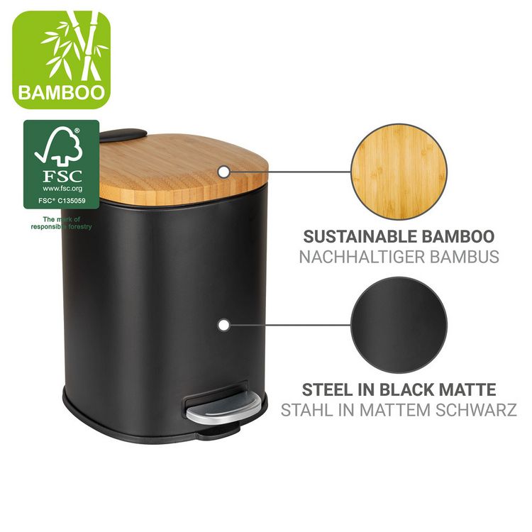 Produktbild: Kosmetikeimer Mod. Fianema, schwarz, 3L, Metall/Bambus, Easy-Close, mit herausnehmbarem