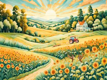 Produktbild: CALVENDO Puzzle Landschaft mit Sonnenblumenfeld im Morgenlicht | 1000 Teile Lege-Gr&ouml;&szlig;e 64x48cm Foto-Puzzle f&uuml;r gl&uuml;ckliche Stunden
