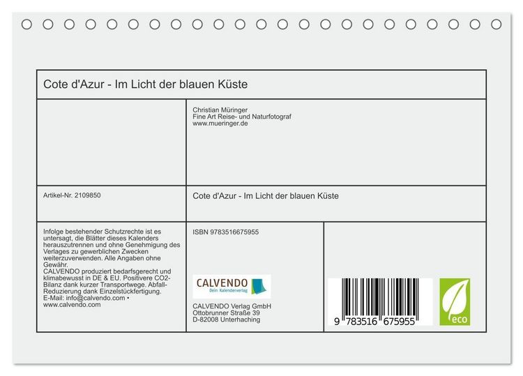Produktbild: Cote d'Azur - Im Licht der blauen K&uuml;ste (Tischkalender 2026 DIN A5 quer), CALVENDO Monatskalender