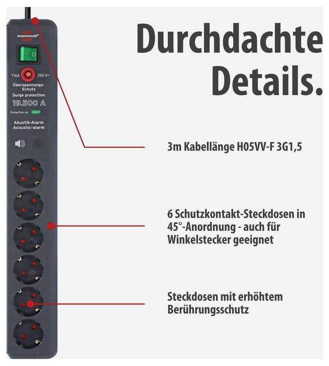 Produktbild: Brennenstuhl 1159540376 &Uuml;berspannungsschutz-Steckdosenleiste 6fach Anthrazit Schutzkontakt 1 St.