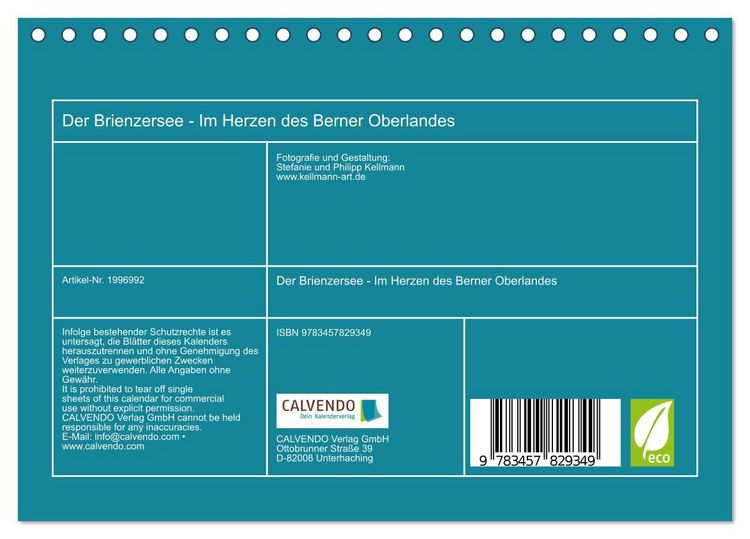 Produktbild: Der Brienzersee - Im Herzen des Berner Oberlandes (Tischkalender 2026 DIN A5 quer), CALVENDO Monatskalender