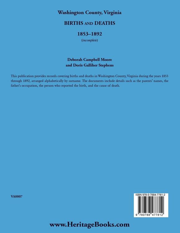 Produktbild: Washington County, Virginia Births and Deaths, 1853-1892 (incomplete)