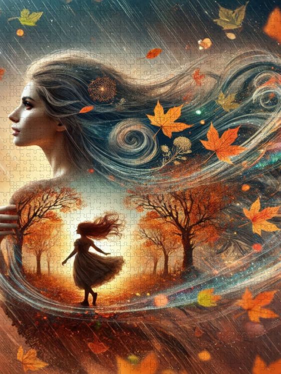 Produktbild: CALVENDO Puzzle Doppelbelichtung Silhouette einer FRau und ihrem inneren Kind im Herbstwind | 1000 Teile Lege-Gr&ouml;&szlig;e 64x48cm Foto-Puzzle f&uuml;r gl&uuml;ckliche