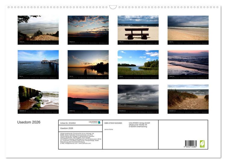 Produktbild: Usedom 2026 (Wandkalender 2026 DIN A2 quer), CALVENDO Monatskalender