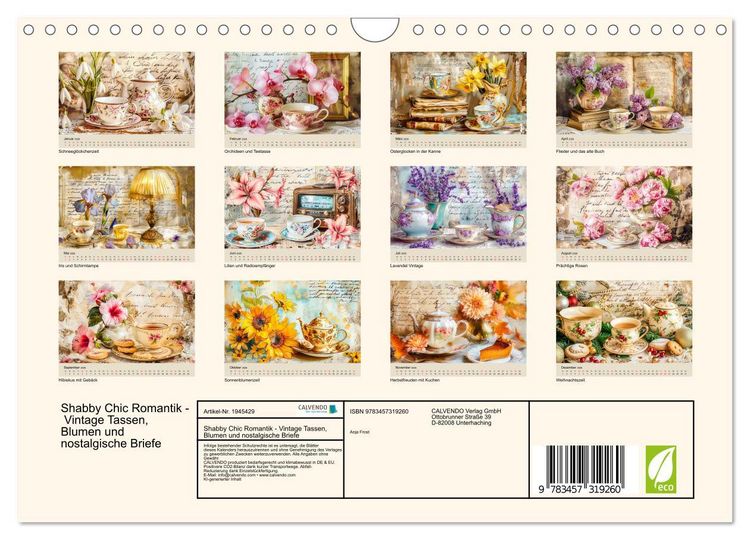 Produktbild: Shabby Chic Romantik - Vintage Tassen, Blumen und nostalgische Briefe (Wandkalender 2026 DIN A4 quer), CALVENDO Monatskalender
