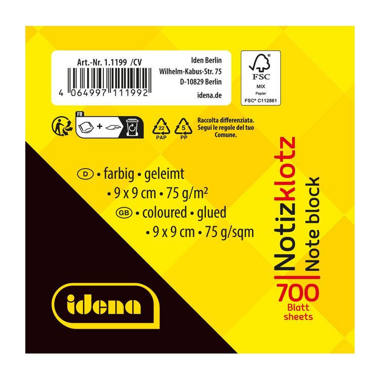 Produktbild: Idena Notizklotz geleimt farbig 9x9cm 700 Blatt