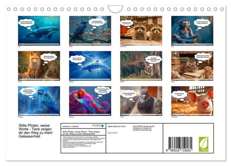 Produktbild: Stille Pfoten, weise Worte - Tiere zeigen dir den Weg zu mehr Gelassenheit (Wandkalender 2026 DIN A4 quer), CALVENDO Monatskalender