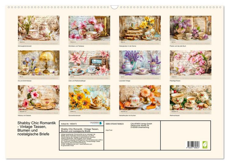 Produktbild: Shabby Chic Romantik - Vintage Tassen, Blumen und nostalgische Briefe (Wandkalender 2026 DIN A2 quer), CALVENDO Monatskalender