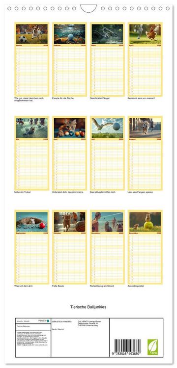 Produktbild: Familienplaner 2026 - Tierische Balljunkies mit 5 Spalten (Wandkalender, 21 x 45 cm) CALVENDO