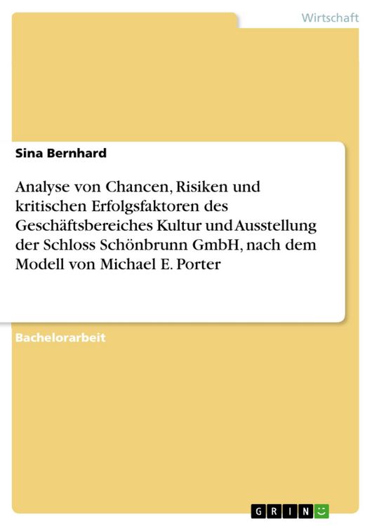 Produktbild: Analyse von Chancen, Risiken und kritischen Erfolgsfaktoren des Gesch&auml;ftsbereiches Kultur und Ausstellung der Schloss Sch&ouml;nbrunn GmbH, nach dem Modell