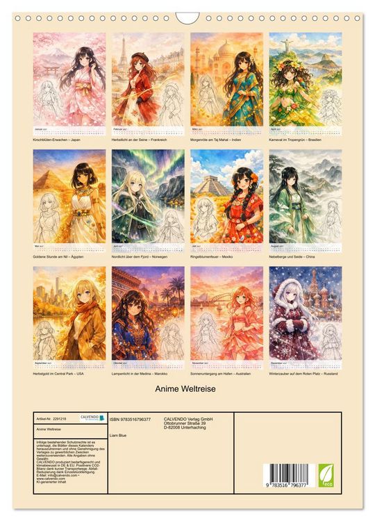 Produktbild: Anime Weltreise (Wandkalender 2027 DIN A3 hoch), CALVENDO Monatskalender