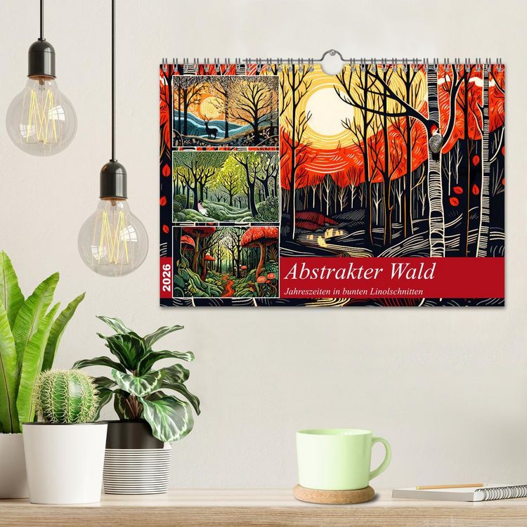 Produktbild: Abstrakter Wald - Jahreszeiten in bunten Linolschnitten (Wandkalender 2026 DIN A4 quer), CALVENDO Monatskalender