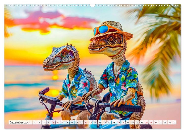 Produktbild: Dinosaurier Sommer - Urzeitlich witzige Strandparty (hochwertiger Premium Wandkalender 2026 DIN A2 quer), Kunstdruck in Hochglanz