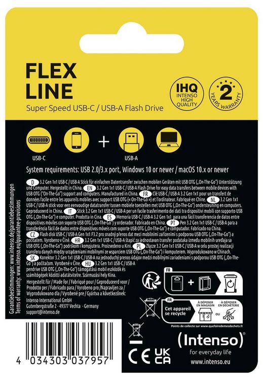 Produktbild: Intenso Flex Line USB-Stick Retail 64 GB Schwarz 3544490 USB-A (USB 3.2 Gen 1), USB-C&reg; (USB 3.2 Gen 1)