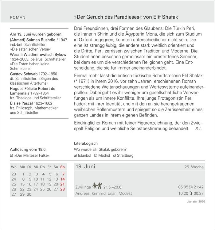 Produktbild: Literatur Tagesabrei&szlig;kalender 2026 - Kulturkalender - Autoren, Werke, H&ouml;rb&uuml;cher