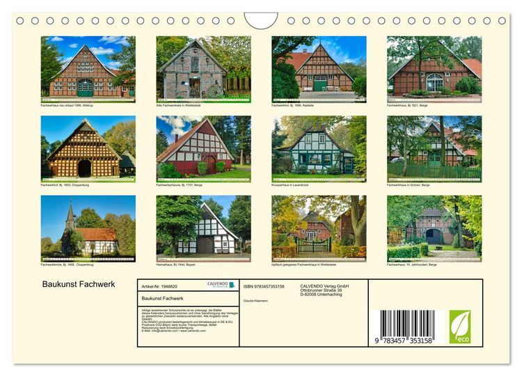 Produktbild: Baukunst Fachwerk (Wandkalender 2026 DIN A4 quer), CALVENDO Monatskalender